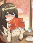  1girl beige_sweater blue_eyes blush book brown_hair commentary_request covering_mouth cup flanker hairband highres holding holding_book idolmaster idolmaster_cinderella_girls long_hair long_sleeves ribbed_sweater sagisawa_fumika smile solo sweater teacup 