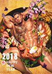  1boy 2018 abs arms_behind_back bara beard black_hair chenyanyan chest_tattoo commentary_request convenient_censoring facial_hair fish flower food food_request happy_new_year large_pectorals leaf leg_tattoo looking_at_viewer lying male_focus male_pubic_hair muscular muscular_male nantaimori navel new_year nipples nude on_back original pectorals pubic_hair short_hair solo sushi tattoo thick_thighs thighs undercut 