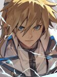  1boy blonde_hair blue_eyes electricity grey_background guilty_gear guilty_gear_xrd hair_between_eyes highres jacket ky_kiske lightning long_hair looking_at_viewer male_focus ponytail profile serious shaded_face shirt simple_background tied_hair twitter_username uncle_rabbit_ii white_jacket white_shirt 