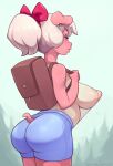  1girl animal_ears ass backpack bag blue_shorts blush bow breasts clothing_cutout colored_skin commentary cowboy_shot cyancapsule emelie_(cyancapsule) english_commentary from_behind furry furry_female hair_bow highres large_breasts medium_hair mole mole_under_eye nipples no_bra original pig_ears pig_tail pink_skin pointy_breasts ponytail purple_eyes red_bow see-through_shirt shorts solo standing tail tail_cutout white_hair 
