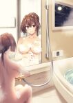  1girl bath bathing blurry blurry_foreground blush breasts brown_eyes brown_hair collarbone commentary_request commission convenient_censoring hair_intakes indoors kantai_collection large_breasts mimamui night ponytail reflection skeb_commission smile solo steam tied_hair window yamato_(kancolle) 