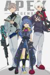  1girl 2boys apex_legends assault_rifle bangs beret black_headwear black_jacket blue_eyes blue_hair blue_shorts blue_skirt brown_hair explosive eyebrows_behind_hair frown grenade grey_eyes grey_pants gun hat holding holding_gun holding_knife holding_weapon hood hooded_jacket i_san_derodero jacket kanae_(nijisanji) knife kraber kukri kunai kuzuha_(nijisanji) multiple_boys nijisanji pants peacekeeper_(shotgun) red_eyes red_footwear rifle scope shoes shorts shotgun single_thighhigh skirt sleeveless sleeveless_jacket slippers smile sneakers sniper_rifle thermite_grenade thigh_strap thighhighs twintails v-shaped_eyebrows virtual_youtuber vk-47_flatline weapon white_hair wraith&#039;s_kunai yuuki_chihiro 