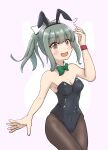  1girl absurdres animal_ears black_legwear black_leotard bow bowtie breasts brown_eyes cameltoe cleavage commentary covered_navel cowboy_shot detached_collar flying_sweatdrops green_bow green_bowtie grey_hair hair_ribbon highres kantai_collection leotard long_hair looking_at_viewer medium_breasts minamino pantyhose playboy_bunny ponytail rabbit_ears rabbit_tail ribbon sidelocks simple_background solo strapless strapless_leotard tail white_background white_ribbon wristband yuubari_(kancolle) 