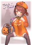  1girl bangs black_legwear breasts brown_hair candy chocolate chocolate_bar condom condom_packet_strip condom_wrapper dress eyebrows_visible_through_hair food granblue_fantasy hair_bobbles hair_ornament halloween_costume hat hsuliherng large_breasts lecia_(granblue_fantasy) long_sleeves looking_at_viewer open_mouth oppai_loli pumpkin sitting solo teeth thighhighs trick_or_treat yaia_(granblue_fantasy) yellow_eyes 