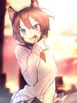  1girl :q absurdres animal_ears brown_hair copyright_request earrings hair_between_eyes highres jewelry looking_at_viewer medium_hair mirin_chikuwa necktie purple_eyes red_necktie smile solo sweater tongue tongue_out yellow_sweater 