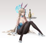  1girl absurdres animal_ears asuna_(blue_archive) bangs black_legwear blonde_hair blue_archive blue_bow blue_bowtie blue_eyes blue_leotard blue_ribbon bottle bow bowtie breasts cleavage commentary cup detached_collar drinking_glass fake_animal_ears full_body gloves gradient gradient_background grin hair_over_one_eye hair_ribbon hairband halo high_heels highres holding holding_tray knees_together_feet_apart large_breasts leotard long_hair looking_at_viewer mole mole_on_breast pantyhose playboy_bunny rabbit_ears ribbon simple_background sitting smile solo strapless strapless_leotard symbol-only_commentary thighband_pantyhose tray very_long_hair white_footwear white_gloves white_hairband yo_owl 