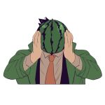  1boy ace_attorney black_suit coat commentary_request cropped_torso dick_gumshoe food fruit green_(grimy) green_coat highres holding holding_food holding_fruit male_focus necktie open_clothes open_coat short_hair solo watermelon white_background 