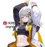  1girl arms_up bandaid bandaid_on_nose black_shirt breasts commentary crop_top grey_hair grin hachi_(live_union) hair_ornament hairclip izumi_sai jacket live_union long_hair long_sleeves looking_at_viewer medium_breasts midriff milestone_celebration mole mole_under_eye multicolored_clothes multicolored_jacket navel open_clothes open_jacket shirt sleeveless sleeveless_shirt sleeveless_turtleneck smile solo stomach symbol-only_commentary tattoo turtleneck two-tone_jacket upper_body virtual_youtuber yellow_eyes 