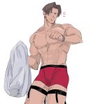  1boy ace_attorney alternate_pectoral_size areolae bangs bara blush boxers bulge commentary_request cropped_torso embarrassed feet_out_of_frame green_(grimy) light_brown_hair looking_at_viewer male_focus male_underwear miles_edgeworth muscular muscular_male parted_bangs red_male_underwear shirt_removed short_hair sideburns sock_garters solo thick_thighs thighs topless_male underwear white_background 