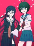  2girls absurdres ahoge bangs black_legwear braid brown_eyes brown_hair collarbone cowboy_shot danganronpa_(series) danganronpa_another_episode:_ultra_despair_girls eyebrows_visible_through_hair fukawa_touko glasses green_eyes green_sailor_collar grey_shirt hair_ornament hairclip hand_up highres holding holding_megaphone long_hair long_skirt long_sleeves looking_at_viewer megaphone messy_hair mole mole_under_mouth multiple_girls naegi_komaru neckerchief pleated_skirt red_background red_neckerchief round_eyewear sailor_collar school_uniform serafuku shirt short_hair short_sleeves simple_background skirt sweat teeth thighhighs torn_neckerchief tsukiyo_michi upper_teeth white_background white_sailor_collar 