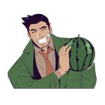  1boy ace_attorney bandaid bandaid_on_cheek black_suit brown_shirt coat commentary_request cropped_torso dick_gumshoe facial_hair facing_viewer food fruit goatee green_(grimy) green_coat grin highres holding holding_food holding_fruit male_focus necktie open_clothes open_coat shirt short_hair sideburns smile solo undershirt watermelon white_background 