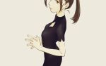  1girl black_dress brown_background brown_eyes brown_hair cleavage_cutout closed_mouth clothing_cutout dress earrings expressionless from_side highres jewelry long_hair looking_at_viewer original own_hands_together ponytail shiki_haru short_sleeves simple_background solo steepled_fingers stud_earrings upper_body 