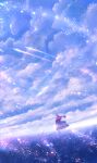  1girl ahoge black_eyes blue_dress brown_gloves capelet closed_mouth cloud cloudy_sky dress gloves grass grasslands highres long_hair original purple_hair sakimori_(hououbds) scenery shooting_star sky solo thighhighs 