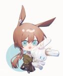  1girl :3 :d amiya_(arknights) animal_ears arknights belt blue_eyes brown_hair bunny chibi crown ear_piercing eyebrows_visible_through_hair full_body green_jacket hair_between_eyes highres holding idass_(idass16) jacket long_sleeves off_shoulder open_mouth piercing ponytail rabbit_ears rabbit_girl scrunchie see-through simple_background smile solo sparkle standing standing_on_one_leg toy two-tone_background white_background white_legwear 