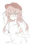  1girl akatsuki_(kancolle) anchor_symbol bare_shoulders blush breasts commentary covering_nipples embarrassed groin hat kantai_collection long_hair monochrome nude small_breasts solo tamayan translated trembling twitter_username wavy_mouth 