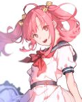  1girl achikita_chinami ahoge arms_behind_back bangs belt blurry blurry_background blush bow commentary_request depth_of_field hair_bow highres long_hair looking_at_viewer mirin_chikuwa neckerchief nijisanji open_mouth pink_eyes pink_hair red_neckerchief school_uniform short_sleeves simple_background smile solo twintails upper_body virtual_youtuber white_background white_uniform yellow_bow 