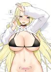  1girl arms_up bed_sheet bikini black_bikini black_choker blonde_hair blue_eyes blush body_writing bottomless breasts choker choker_onee-san_(sky-freedom) cleavage commentary covered_nipples drawstring earrings embarrassed eyes_visible_through_hair fang fingernails groin highres hood hood_down jewelry long_fingernails long_hair long_sleeves looking_at_viewer lying milestone_celebration navel on_back open_mouth original out-of-frame_censoring pubic_tattoo shrug_(clothing) skin_fang sky-freedom solo stud_earrings swimsuit tattoo translated very_long_hair 