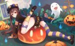  1girl brown_footwear brown_hair full_body genshin_impact ghost halloween hat hu_tao_(genshin_impact) legs open_mouth pumpkin red_eyes rinko_riban shorts slime_(creature) slime_(genshin_impact) solo surprised twintails wide_sleeves 