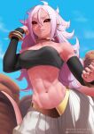  1girl abs android_21 bandeau black_bandeau black_sclera black_tube_top blue_sky breasts closed_mouth cloud colored_sclera colored_skin commentary_request day dragon_ball dragon_ball_fighterz hair_between_eyes highres long_hair looking_at_viewer majin_android_21 medium_breasts midriff navel patreon_username pink_skin pointy_ears putcher red_eyes sky smile solo strapless tail tube_top 