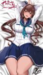  1girl arms_up blue_neckerchief blue_sailor_collar blue_skirt blush brown_hair copyright_request doko_tetora hands_up highres long_hair looking_at_viewer lying miniskirt neckerchief on_back on_bed parted_lips pleated_skirt sailor_collar shirt signature skirt smile solo white_shirt yellow_eyes 