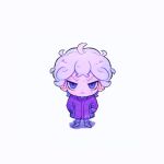  1boy :&lt; ahoge bangs bede_(pokemon) blush chibi closed_mouth coat eyelashes frown full_body grey_hair hands_in_pockets highres leggings looking_at_viewer male_focus omochi_kuenai pokemon pokemon_(game) pokemon_swsh purple_coat purple_eyes shoes short_hair signature solo standing symbol-only_commentary 