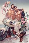  2boys abs bara bare_pectorals beard black_jacket black_pants black_suit bouquet bow bowtie chenyanyan closed_mouth facial_hair falling_petals flower formal ground_vehicle hand_on_another&#039;s_shoulder highres holding holding_bouquet husband_and_husband jacket large_pectorals looking_at_viewer male_focus motor_vehicle motorcycle multiple_boys muscular muscular_male navel nipples on_motorcycle one_eye_closed open_clothes open_jacket original pants pectorals petals shoes short_hair smile suit undercut wedding white_jacket white_pants white_suit yaoi 