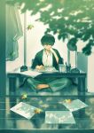 1boy absurdres barefoot black_hair black_kimono blurry blurry_foreground branch closed_mouth commentary_request crossed_legs desk_lamp falling_leaves full_body gloves head_rest highres inkwell japanese_clothes kanai_(nai_nai) kimono lamp leaf male_focus on_floor original papers pen short_hair sitting solo table toes white_kimono 