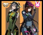  2girls black_eyes black_hair bonnet braid brown_hair commentary computer cosplay costume_switch country_connection d.va_(overwatch) d.va_(overwatch)_(cosplay) dokkaebi_(rainbow_six_siege) dokkaebi_(rainbow_six_siege)_(cosplay) english_commentary facial_mark fingerless_gloves gloves headphones laptop multicolored_hair multiple_girls overwatch rainbow_six_siege side_braid south_korean_flag tarmillustrates two-tone_hair 