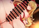  2girls bar_censor blonde_hair blush bottomless breasts cagliostro_(granblue_fantasy) censored dutch_angle empty_eyes futa_with_female futanari granblue_fantasy grin hair_ribbon hairband highres imminent_penetration large_breasts large_penis licking_lips long_hair multiple_girls nipples nude penis purple_eyes pussy red_eyes reverse_cowgirl_position ribbon smile spread_legs straddling tenken_(gotannda) tongue tongue_out veins veiny_penis vira_(granblue_fantasy) 
