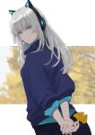  1girl absurdres alternate_costume arms_behind_back bangs black_pants blue_sweater cat_ear_headphones expressionless eyebrows_behind_hair from_behind headphones highres holding holding_leaf leaf looking_back original own_hands_together pants pexsuki restya silver_hair solo sweater 