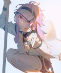 1boy ansel_(arknights) ansel_(casual_vacation)_(arknights) arknights black_shorts closed_mouth highres holding long_sleeves looking_at_viewer male_focus mirin_chikuwa official_alternate_costume otoko_no_ko pink_eyes pink_hair shirt shorts solo squatting visor_cap watch white_shirt wristwatch 