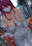  1girl bare_shoulders blush breasts candy cleavage collar commentary_request condom_box dildo_under_mask eyebrows_visible_through_hair food genshin_impact gtunver halloween highres jack-o&#039;-lantern mask mouth_mask multicolored_hair nun off_shoulder purple_eyes purple_hair red_hair rosaria_(genshin_impact) short_hair solo two-tone_hair 
