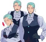  1boy ace_attorney ascot bangs black_vest blush collage commentary cropped_torso franziska_von_karma genderswap genderswap_(ftm) green_(grimy) green_hair grey_shirt highres looking_at_viewer male_focus mole mole_under_eye pectorals shirt short_hair sideburns swept_bangs toned toned_male translated undershirt vest white_background 