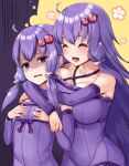  2girls :d ^_^ ahoge bangs bare_shoulders blush breast_envy breasts cleavage closed_eyes collarbone commentary detached_sleeves dress dual_persona eyebrows_visible_through_hair floral_background groin hair_ornament highres hug hug_from_behind impossible_clothes impossible_dress large_breasts long_hair long_sleeves multiple_girls older purple_dress purple_eyes purple_hair purple_sleeves shaded_face smile sweat tenneko_yuuri upper_body very_long_hair vocaloid voiceroid wavy_mouth yuzuki_yukari 