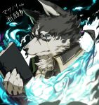  1boy artist_name black-framed_eyewear black_fur black_sclera blue_eyes blue_fire body_fur book bookmark claws colored_sclera commentary_request dog_boy fire furry furry_male glasses highres holding holding_book looking_at_viewer male_focus masanori_(housamo) pmlial ponytail portrait scar scar_on_face slit_pupils snout solo tokyo_afterschool_summoners translation_request white_fur 