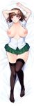 1girl amearare arms_up black_legwear braid breasts breasts_outside brown_hair collarbone collared_shirt commentary_request dakimakura_(medium) full_body green_skirt highres large_breasts looking_at_viewer lying miniskirt nipples no_bra on_back open_clothes open_mouth open_shirt original partially_unbuttoned pleated_skirt purple_eyes shirt short_hair short_sleeves single_braid skindentation skirt solo thighhighs watermark white_shirt 
