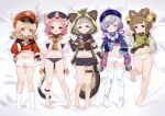  5girls :d absurdres ahoge animal_ears animal_hood arm_guards bangs bangs_pinned_back barefoot bead_necklace beads bed_sheet bell bike_shorts black_gloves black_panties black_shorts bloomers blunt_bangs braid braided_ponytail brown_eyes brown_gloves brown_hair brown_scarf cabbie_hat cat_ears cat_girl cat_tail chinese_clothes clover_print coat coin_hair_ornament commentary_request detached_sleeves diona_(genshin_impact) eyebrows_visible_through_hair fake_animal_ears fake_tail feet fingerless_gloves forehead genshin_impact gloves green_eyes green_hair hair_bell hair_between_eyes hair_ornament hat hat_feather hat_ornament head_tilt highres holding_hands hood interlocked_fingers japanese_clothes jewelry jiangshi klee_(genshin_impact) knee_up kneehighs knees_together_feet_apart leaf leaf_on_head light_brown_hair long_hair long_sleeves looking_at_viewer looking_up low_ponytail low_twintails lying multiple_girls navel necklace ninja obi ofuda on_back orb panties parted_lips pink_hair pointy_ears pouch pubic_tattoo puffy_detached_sleeves puffy_long_sleeves puffy_sleeves purple_eyes purple_hair qing_guanmao qiqi_(genshin_impact) raccoon_ears raccoon_hood raccoon_tail red_coat red_eyes red_headwear ribbon-trimmed_sleeves ribbon_trim sash sayu_(genshin_impact) scarf shio_(7203802) short_hair shorts shuriken sidelocks simple_background single_braid smile stomach tail tattoo thick_eyebrows thighhighs thighs toes twin_braids twintails underwear vision_(genshin_impact) weapon white_bloomers white_gloves white_legwear white_panties white_shorts wide_sleeves yaoyao_(genshin_impact) yin_yang yin_yang_orb zettai_ryouiki 