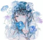  1girl artist_name bangs black_hair blue_flower blunt_bangs collarbone eyebrows_visible_through_hair flower hair_between_eyes hair_over_shoulder highres long_hair looking_at_viewer morning_glory original orokudesu purple_flower school_uniform solo straight_hair upper_body white_background 