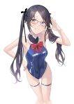  1girl black_hair blue_eyes blue_swimsuit cosplay cowboy_shot dead_or_alive dead_or_alive_5 frilled_swimsuit frills glasses grin highres idolmaster idolmaster_shiny_colors kyuma_(hisa_hisa_ma) looking_at_viewer marie_rose marie_rose_(cosplay) marie_rose_(devilish_servant_against_the_splashing_waves) mitsumine_yuika red-framed_eyewear salute simple_background smile solo standing swimsuit twintails white_background 