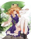  1girl :3 blonde_hair blurry blurry_background blush breasts closed_mouth commentary dress eyebrows_visible_through_hair frilled_dress frills full_body hair_between_eyes hand_on_headwear holding holding_leaf leaf leaf_umbrella legs_together looking_at_viewer medium_breasts medium_hair moriya_suwako okawa_friend outdoors purple_dress pyonta rain rock shirt sidelocks sitting smile solo thighhighs thighs touhou turtleneck white_legwear white_shirt wide_sleeves yellow_eyes 