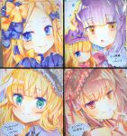  5girls abigail_williams_(fate) akirannu animal_ears bangs black_hairband blonde_hair blue_bow blue_dress blue_eyes blunt_bangs bow commentary_request copyright_request date_a_live dress eyebrows_visible_through_hair fake_animal_ears fate/grand_order fate_(series) fleur_de_lapin_uniform floppy_ears frilled_hairband frills gochuumon_wa_usagi_desu_ka? green_eyes hair_bow hairband heterochromia highres kirima_sharo multiple_girls orange_bow orange_eyes parted_bangs purple_hair rabbit_ears red_eyes shikishi sleeves_past_fingers sleeves_past_wrists tokisaki_kurumi 