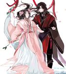  2boys black_hair chinese_clothes circlet couple eyepatch full_body highres hozuhakusai hua_cheng jewelry long_hair long_sleeves looking_at_another male_focus multiple_boys profile tassel tian_guan_ci_fu white_background xie_lian 