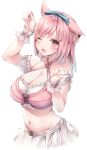  1girl absurdres animal_ears avatar_(ffxiv) bangs blush breasts cat_ears cleavage commentary criss-cross_halter facial_mark final_fantasy final_fantasy_xiv gradient_hair halterneck highres himegi_you large_breasts medium_hair midriff miqo&#039;te multicolored_hair navel one_eye_closed open_mouth paw_pose pink_hair red_eyes solo whisker_markings white_background wrist_cuffs 