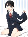  1girl black_hair blue_eyes blush hair_ornament kagiana kitashirakawa_tamako long_hair looking_at_viewer mole mole_on_neck open_mouth smile socks solo tamako_market twintails 