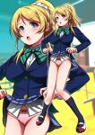  1girl absurdres ai_wa_muteki ayase_eli black_legwear blazer blonde_hair blue_eyes blue_jacket blue_skirt bow bowtie clothes_lift commentary_request green_bow green_bowtie hair_ribbon highres jacket kneehighs long_hair love_live! love_live!_school_idol_project multiple_views otonokizaka_school_uniform panties pink_panties plaid plaid_skirt pleated_skirt ponytail ribbon school_uniform scrunchie shoes skirt skirt_lift striped striped_bow striped_bowtie underwear uwabaki white_scrunchie zoom_layer 