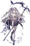  1girl absurdres bandages bare_shoulders garter_straps grey_hair highres holding holding_scythe holding_weapon ind_(121) jewelry kama_(weapon) long_sleeves midriff navel original pale_skin scythe sickle silver_hair skirt weapon wide_sleeves yellow_eyes 
