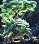  claws closed_mouth commentary_request forest from_below fusenryo highres light_rays nature no_humans pokemon pokemon_(creature) red_eyes solo spikes torterra tree 