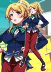  1girl absurdres ai_wa_muteki ayase_eli black_legwear blazer blonde_hair blue_eyes blue_jacket blue_skirt bow bowtie clothes_lift commentary_request green_bow green_bowtie hair_ribbon highres jacket long_hair love_live! love_live!_school_idol_project multiple_views otonokizaka_school_uniform pants pants_under_skirt plaid plaid_skirt pleated_skirt ponytail red_pants ribbon school_uniform scrunchie shoes skirt skirt_lift socks striped striped_bow striped_bowtie track_pants uwabaki white_scrunchie zoom_layer 