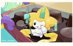  black_eyes border box chocolate commentary_request genzou_(me_genzo) holding in_box in_container jirachi no_humans one_eye_closed open_mouth pokemon pokemon_(creature) rubbing_eyes solo tongue twitter_username white_border 