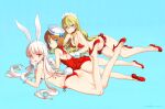  3girls :d absurdres animal_ears aqua_background ass bare_legs bare_shoulders bikini bikini_skirt blonde_hair blue_eyes blush breasts brown_hair casual_one-piece_swimsuit cleavage collar dated detached_collar dixie_cup_hat eiyuu_senki fake_animal_ears flat_chest flats francis_drake_(eiyuu_senki) gloves hair_between_eyes hairband hat head_rest high_heels highres long_hair long_legs looking_at_viewer lying maid_headdress military_hat multiple_girls navel no_socks on_side on_stomach one-piece_swimsuit open_mouth oyari_ashito parted_lips pink_eyes polka_dot polka_dot_swimsuit rabbit_ears red_bikini red_swimsuit shoes short_hair side-tie_bikini sideboob sidelocks signature simple_background sir_kay_(eiyuu_senki) sir_percival_(eiyuu_senki) small_breasts smile string_bikini swimsuit white_gloves white_hair 